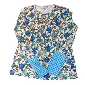 Lands End Womens Floral Gingham Rash Guard Swim Shirt Blue Cream M 10-12